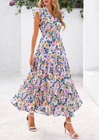 Floral Cap Sleeve V Neck Ruffle Flowy Boho Casual Beach Vacation Midi Dress