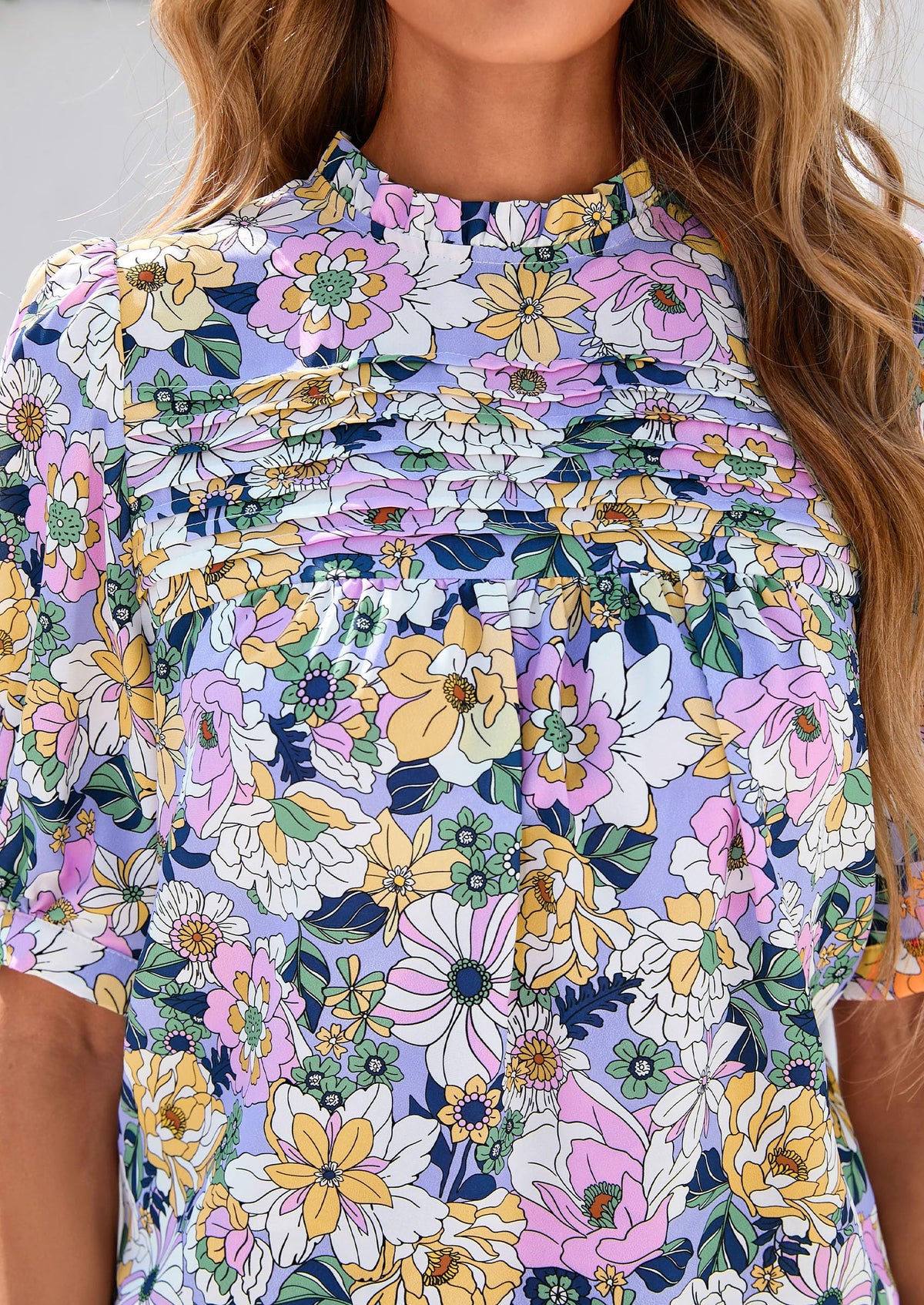 Floral Short Sleeve Dressy Casual Boho Pleated  Blouses