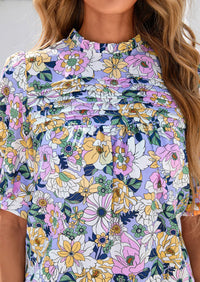Floral Short Sleeve Dressy Casual Boho Pleated  Blouses