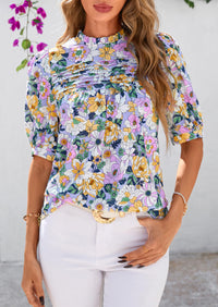 Floral Short Sleeve Dressy Casual Boho Pleated  Blouses