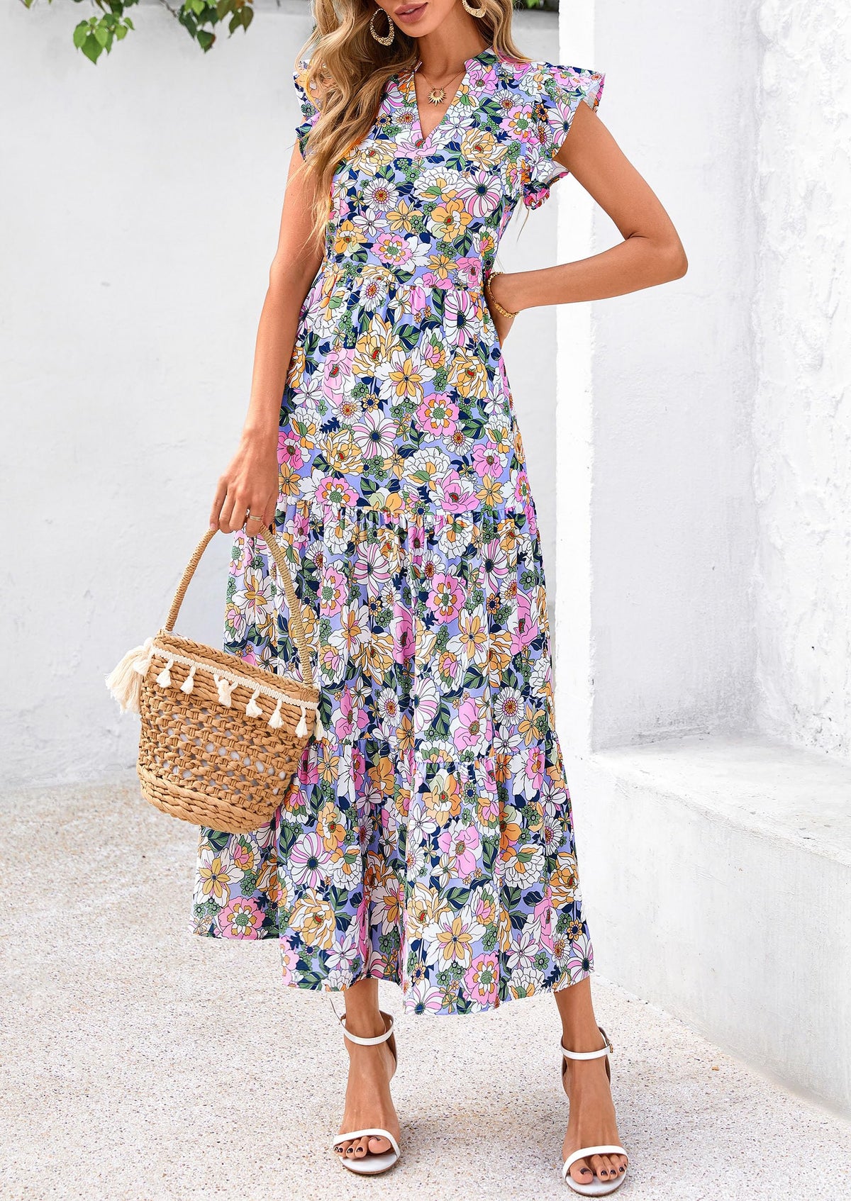 Floral Cap Sleeve V Neck Ruffle Flowy Boho Casual Beach Vacation Midi Dress