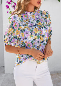 Floral Short Sleeve Dressy Casual Boho Pleated  Blouses