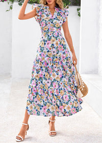 Floral Cap Sleeve V Neck Ruffle Flowy Boho Casual Beach Vacation Midi Dress