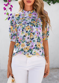 Floral Short Sleeve Dressy Casual Boho Pleated  Blouses