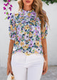 Floral Short Sleeve Dressy Casual Boho Pleated  Blouses