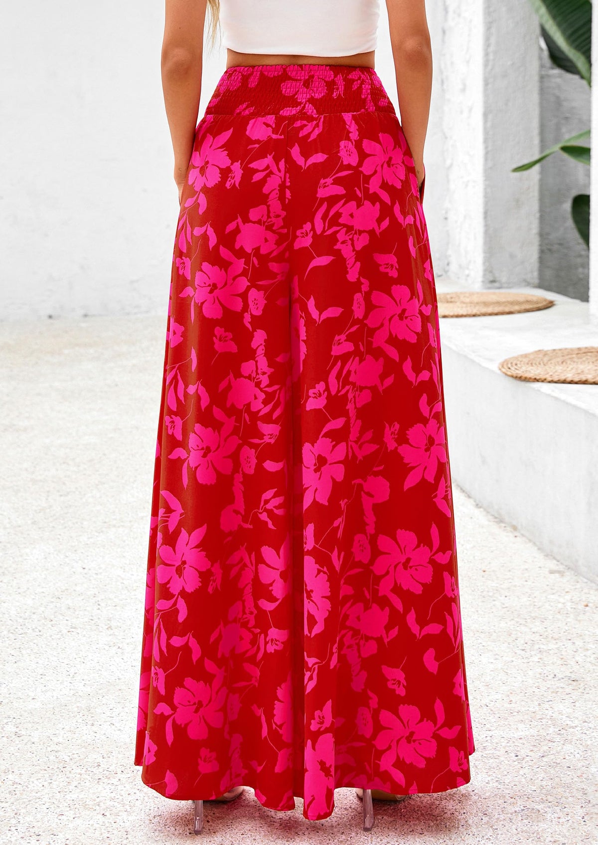 Casual Elastic High Waisted Pockets Boho Beach Wide Leg Palazzo Pants