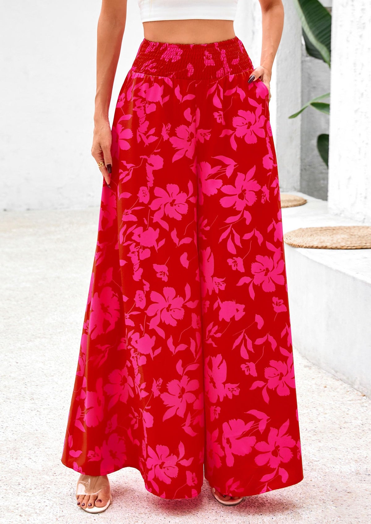 Casual Elastic High Waisted Pockets Boho Beach Wide Leg Palazzo Pants