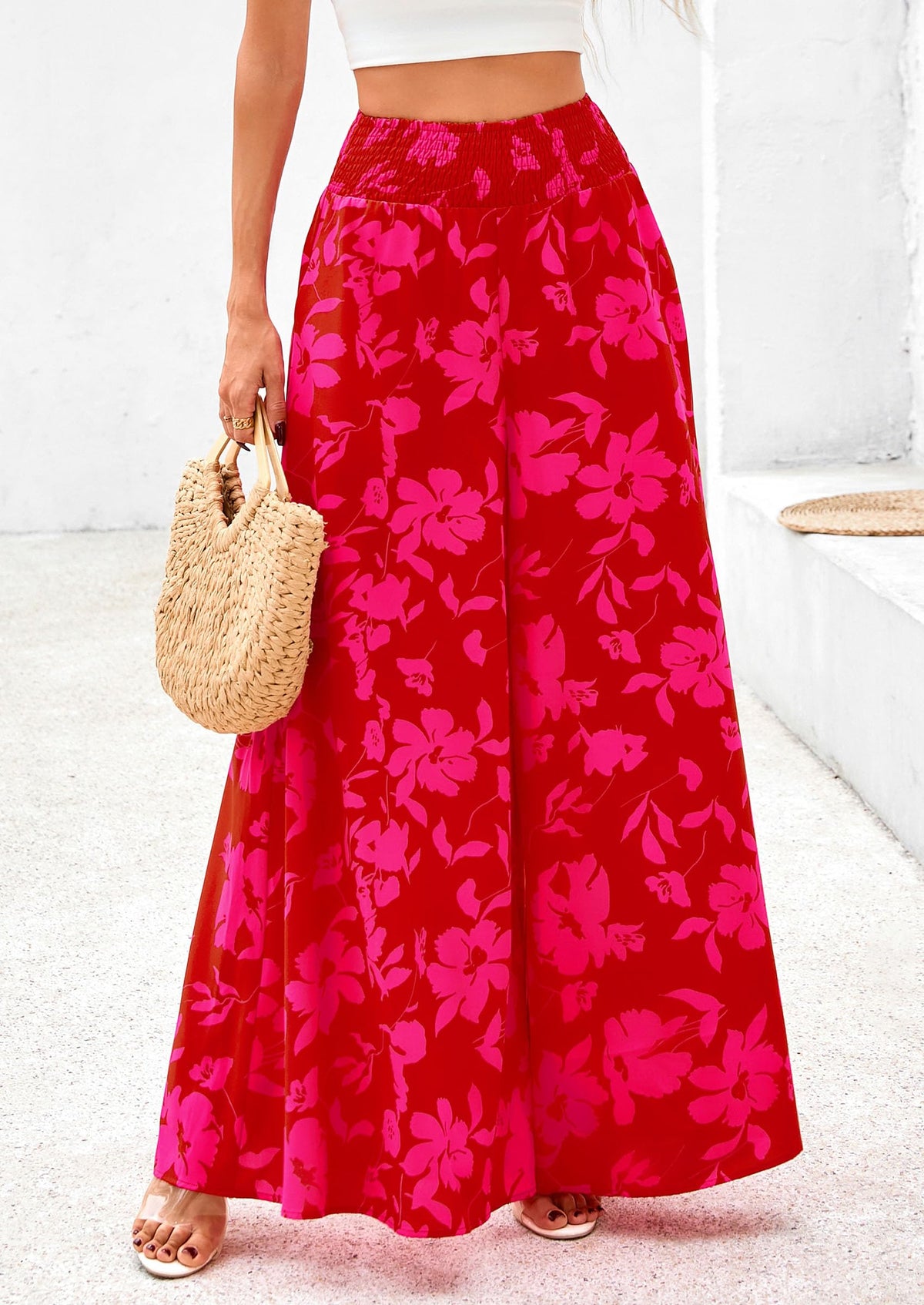 Casual Elastic High Waisted Pockets Boho Beach Wide Leg Palazzo Pants