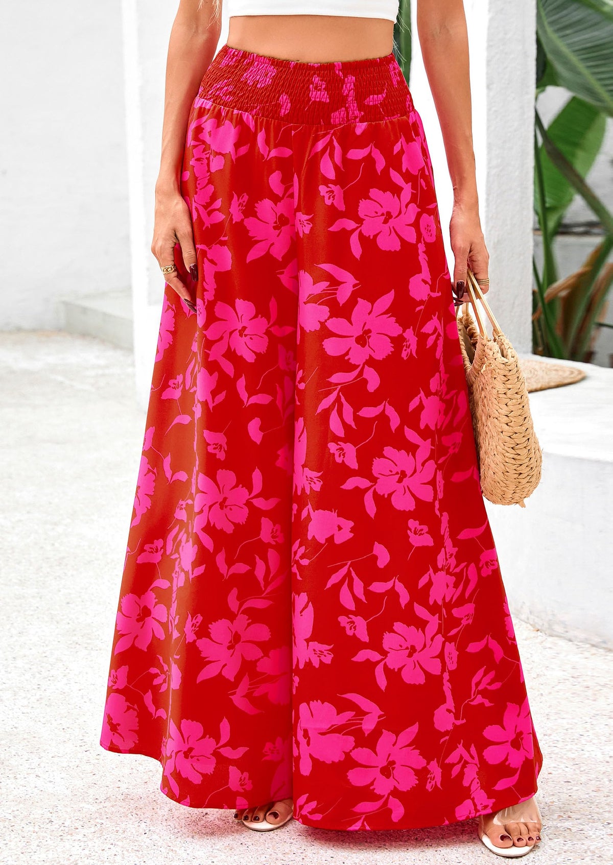 Casual Elastic High Waisted Pockets Boho Beach Wide Leg Palazzo Pants