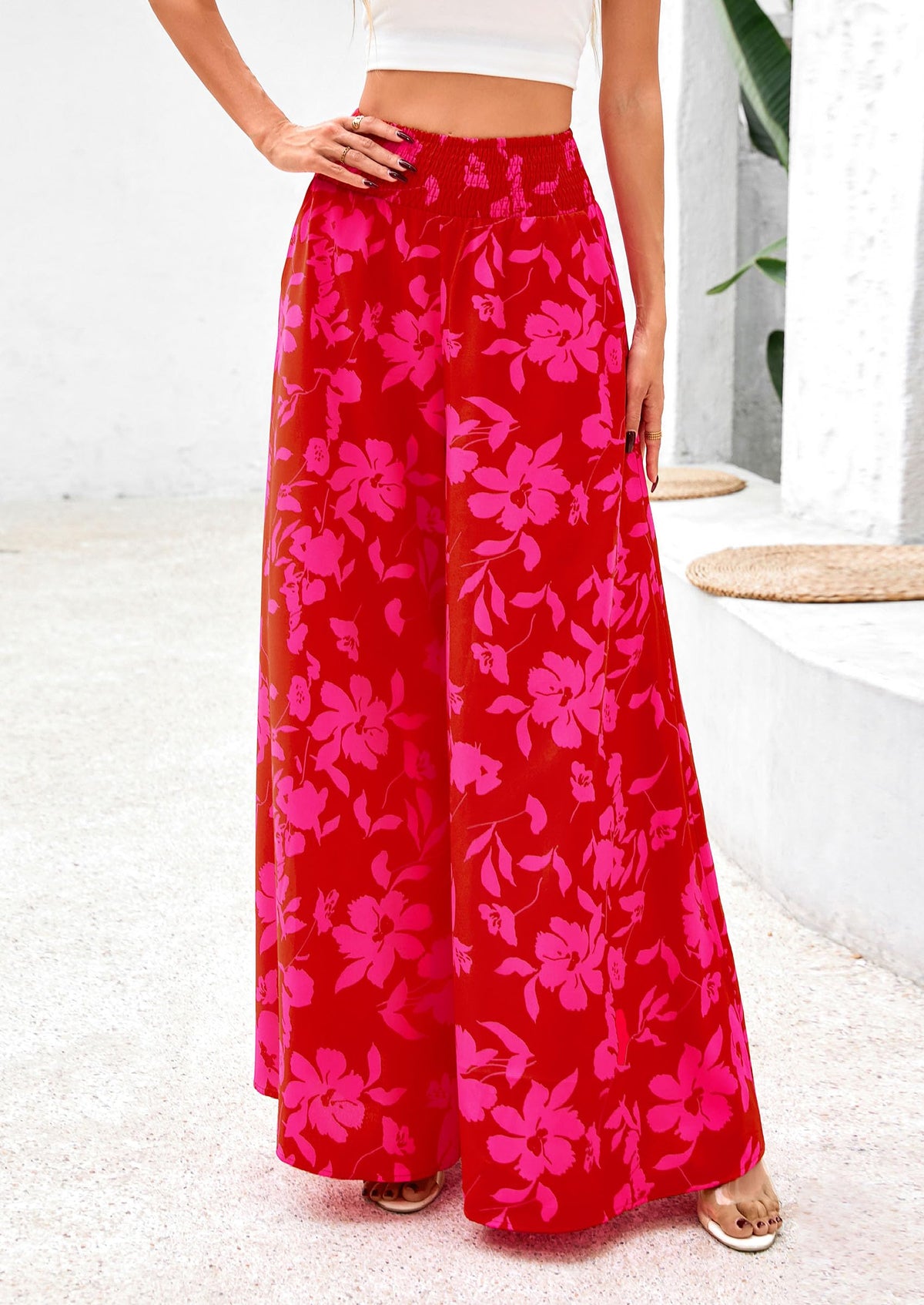 Casual Elastic High Waisted Pockets Boho Beach Wide Leg Palazzo Pants