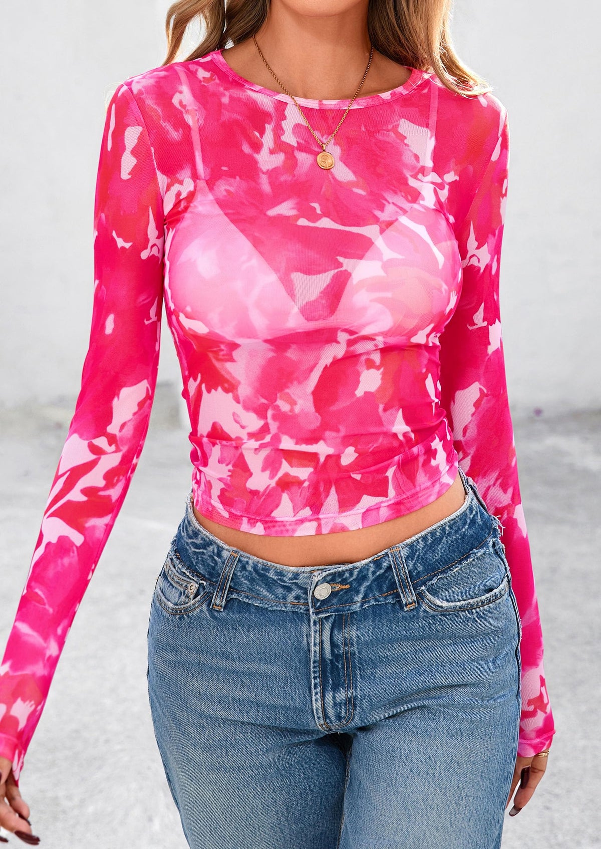 Mesh Long Sleeve Trendy Sheer Leopard Fitted Layering Blouse