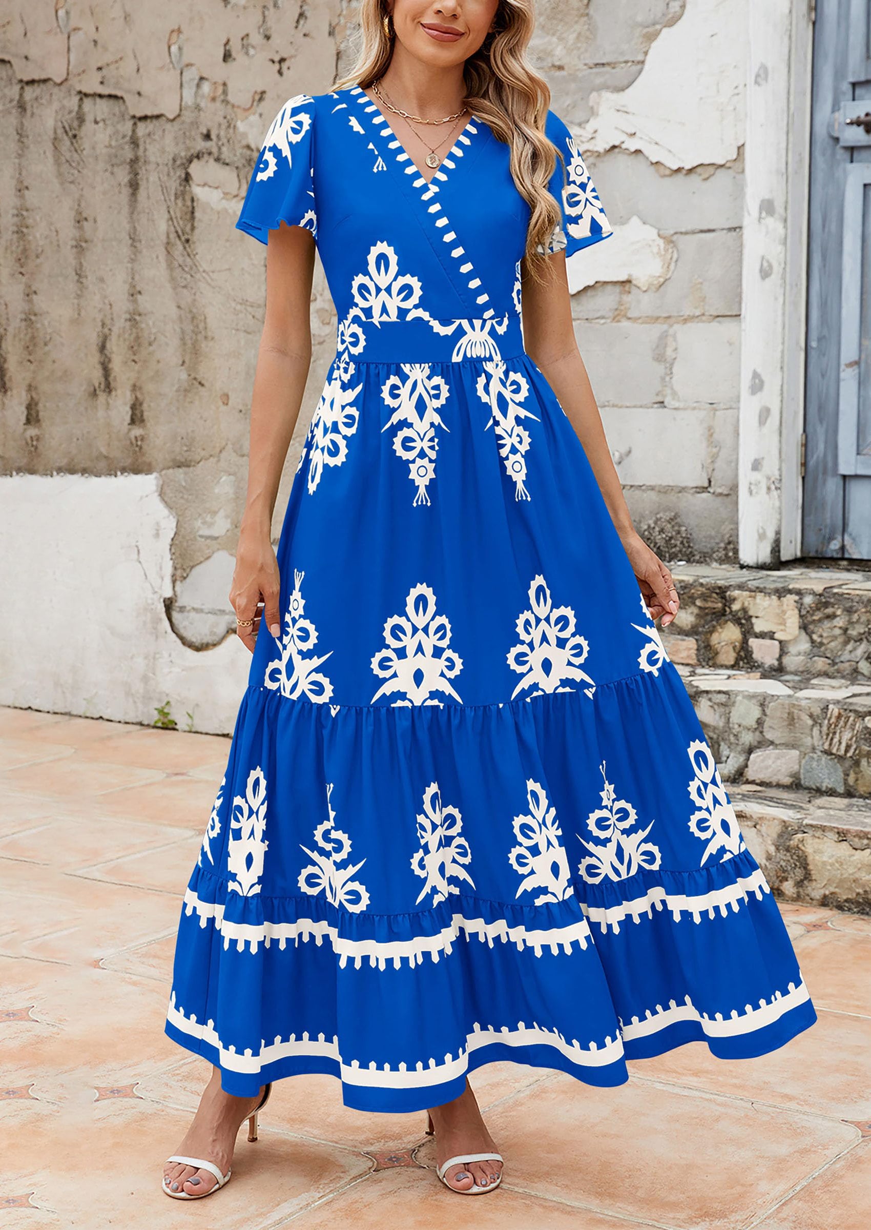 PRETTYGARDEN Floral Casual V neck Bohemian Maxi Dress with Pocket