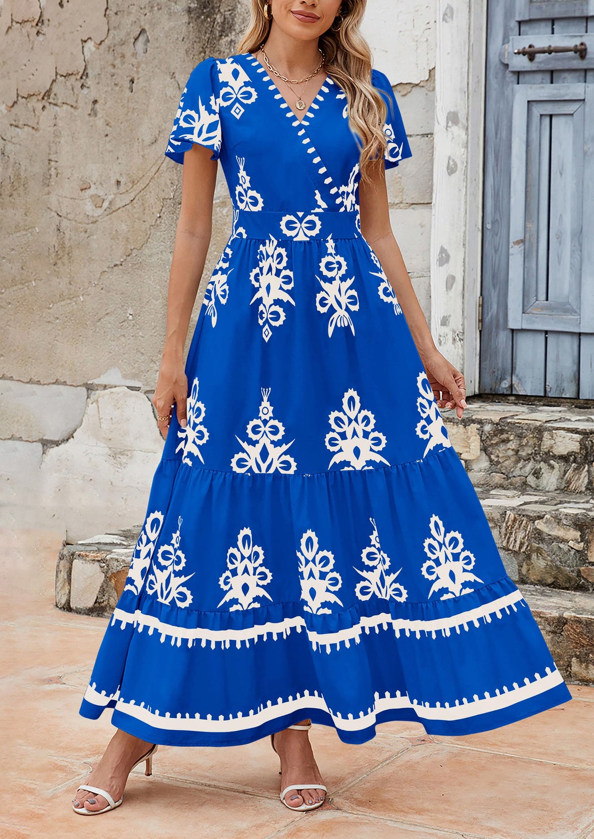Casual V Neck Boho Flowy A-line Bell Sleeve Tiered Floral Maxi Dresses with Pocket