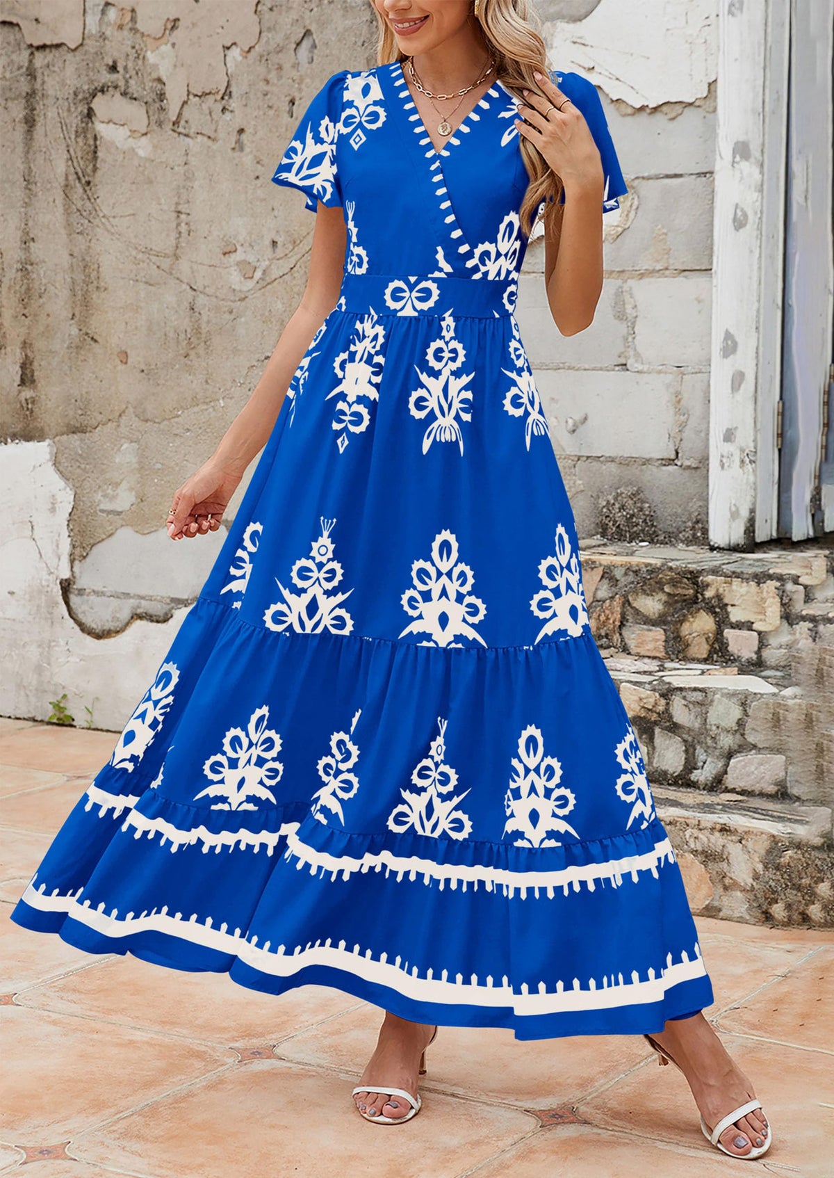 Casual V Neck Boho Flowy A-line Bell Sleeve Tiered Floral Maxi Dresses with Pocket