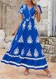 Casual V Neck Boho Flowy A-line Bell Sleeve Tiered Floral Maxi Dresses with Pocket