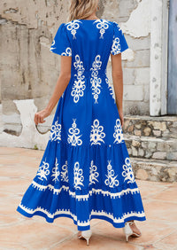 Casual V Neck Boho Flowy A-line Bell Sleeve Tiered Floral Maxi Dresses with Pocket