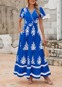 Casual V Neck Boho Flowy A-line Bell Sleeve Tiered Floral Maxi Dresses with Pocket