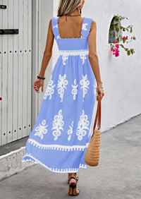 Boho Casual Sleeveless Square Neck Floral A Line Smocked Beach Maxi Dress with Pockets