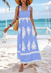 Boho Casual Sleeveless Square Neck Floral A Line Smocked Beach Maxi Dress with Pockets
