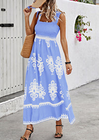 Boho Casual Sleeveless Square Neck Floral A Line Smocked Beach Maxi Dress with Pockets