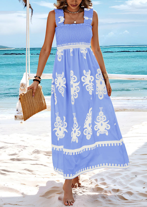 Boho Casual Sleeveless Square Neck Floral A Line Smocked Beach Maxi Dress with Pockets
