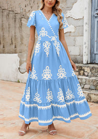 Casual V Neck Boho Flowy A-line Bell Sleeve Tiered Floral Maxi Dresses with Pocket