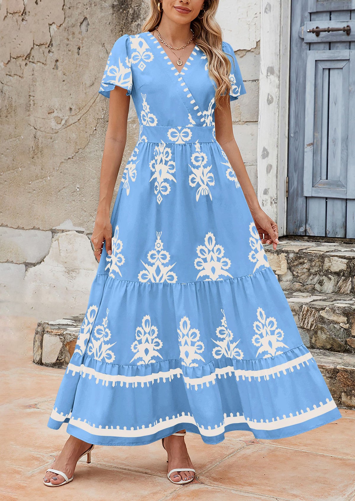 Casual V Neck Boho Flowy A-line Bell Sleeve Tiered Floral Maxi Dresses with Pocket