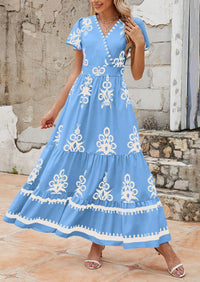 Casual V Neck Boho Flowy A-line Bell Sleeve Tiered Floral Maxi Dresses with Pocket