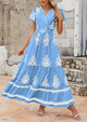Casual V Neck Boho Flowy A-line Bell Sleeve Tiered Floral Maxi Dresses with Pocket