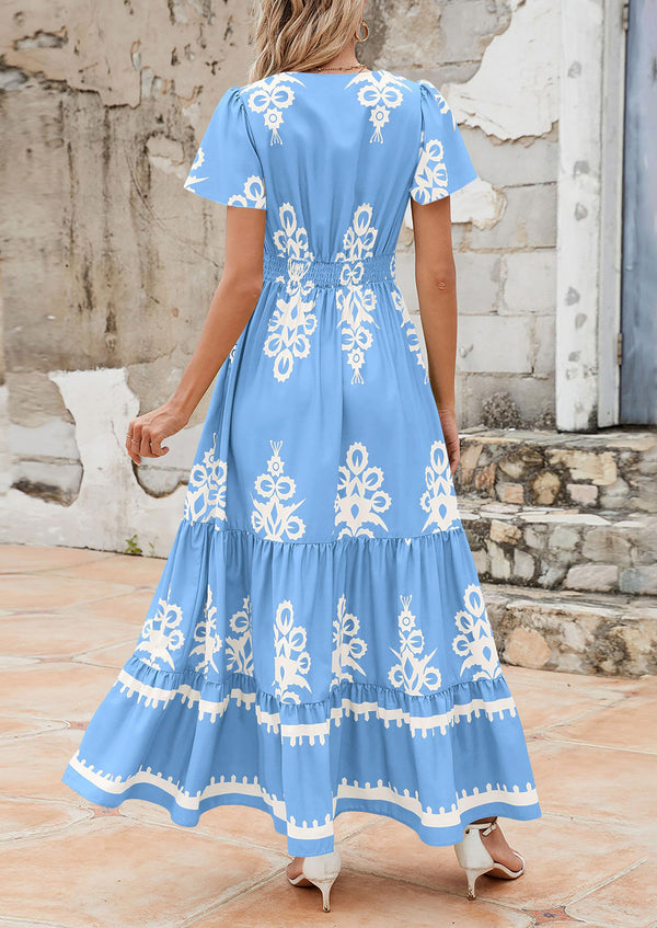 Casual V Neck Boho Flowy A-line Bell Sleeve Tiered Floral Maxi Dresses with Pocket