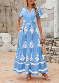 Casual V Neck Boho Flowy A-line Bell Sleeve Tiered Floral Maxi Dresses with Pocket