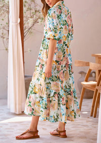 Button Up Ruffle A Line Flowy Maxi Dress