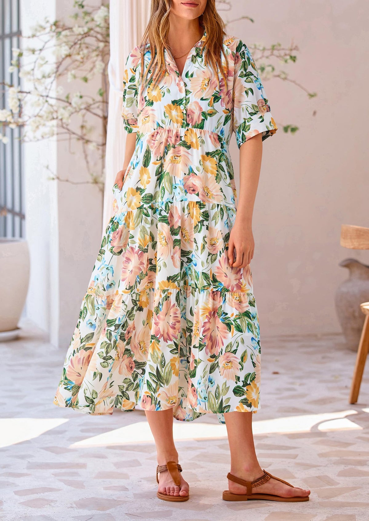 Button Up Ruffle A Line Flowy Maxi Dress