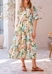 Button Up Ruffle A Line Flowy Maxi Dress