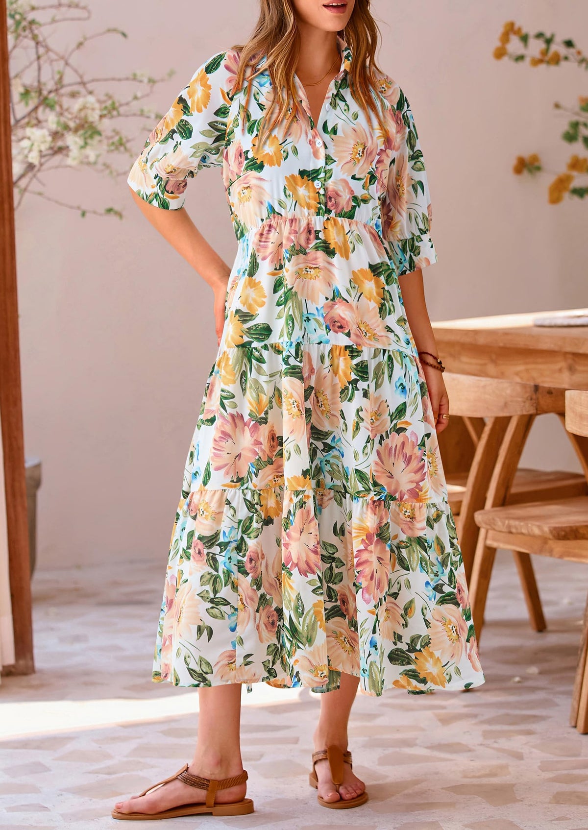 Button Up Ruffle A Line Flowy Maxi Dress
