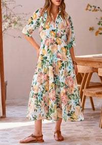 Button Up Ruffle A Line Flowy Maxi Dress