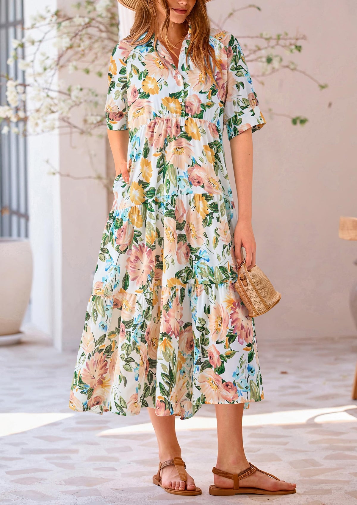 Button Up Ruffle A Line Flowy Maxi Dress