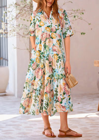 Button Up Ruffle A Line Flowy Maxi Dress
