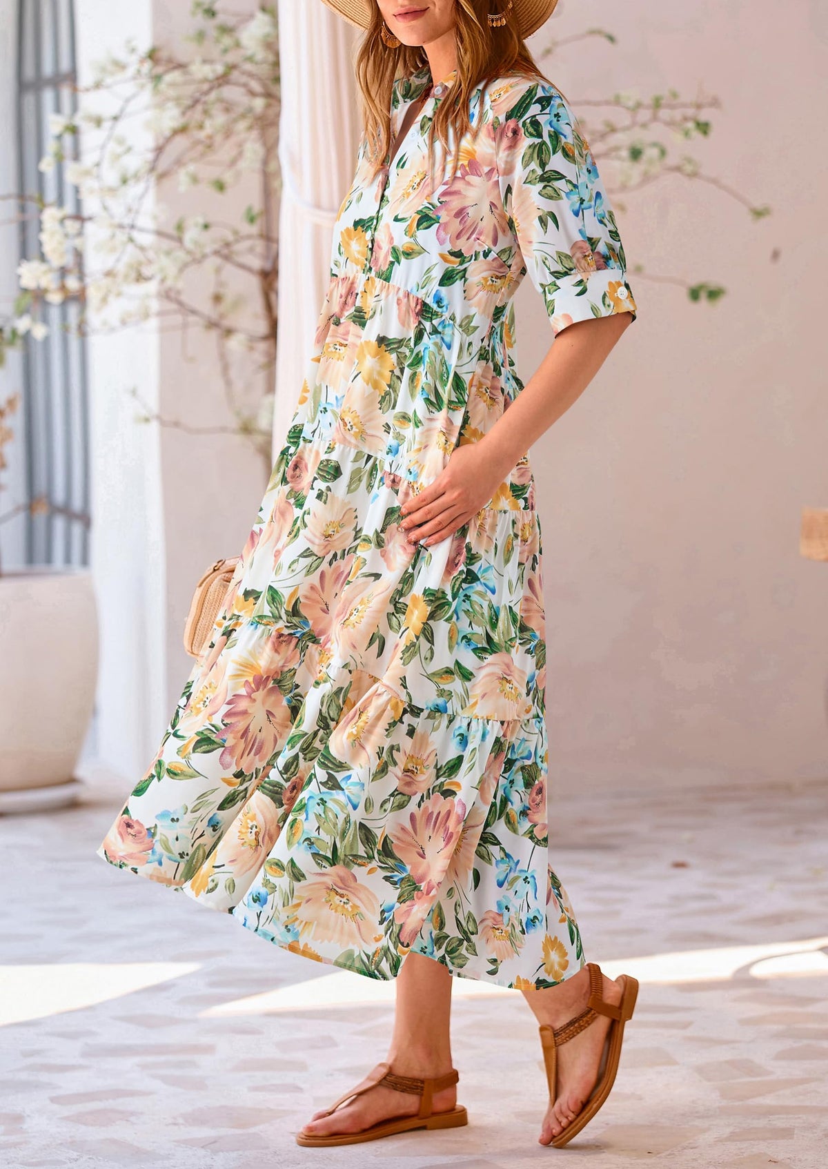 Button Up Ruffle A Line Flowy Maxi Dress