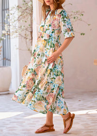 Button Up Ruffle A Line Flowy Maxi Dress