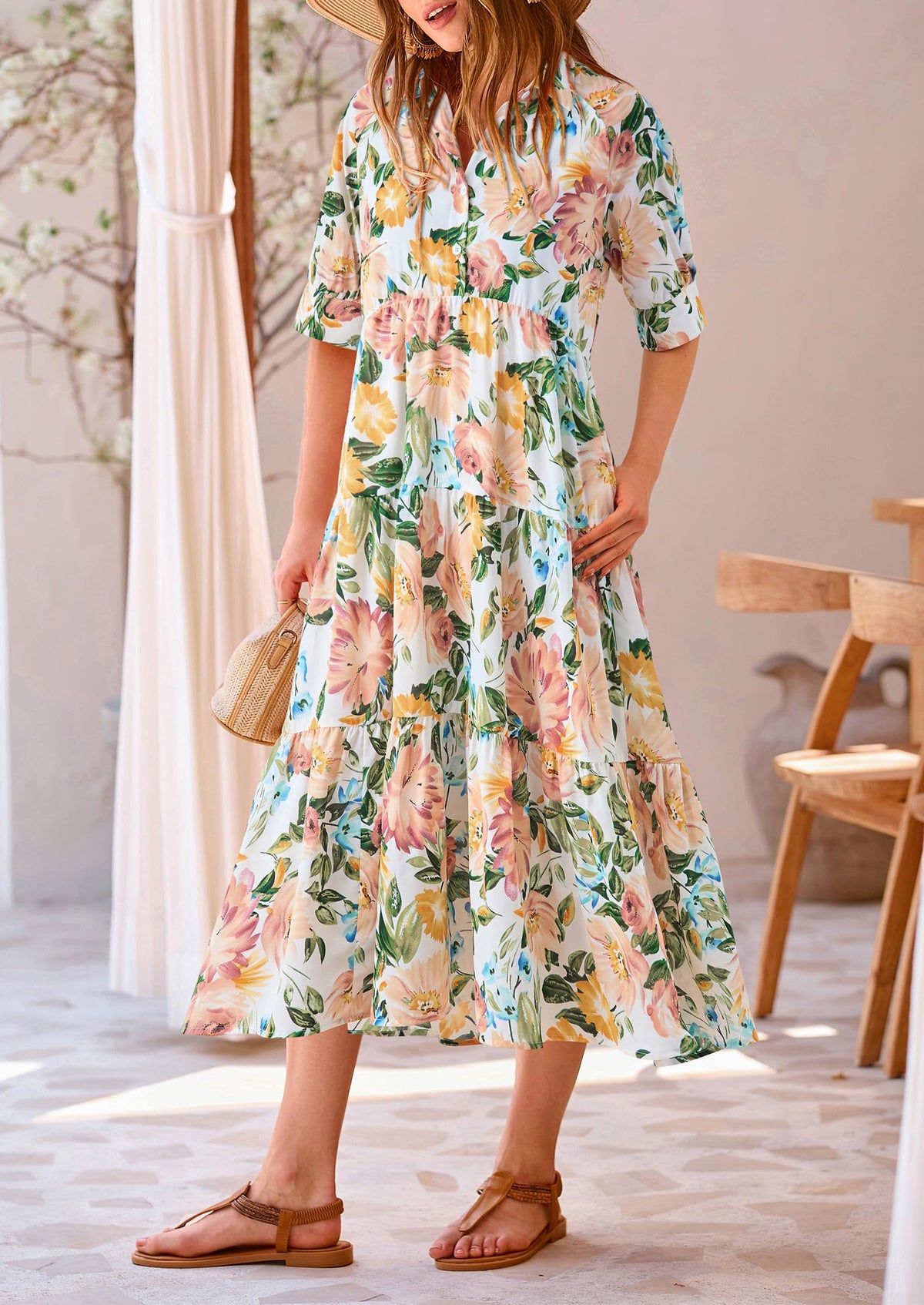 Button Up Ruffle A Line Flowy Maxi Dress