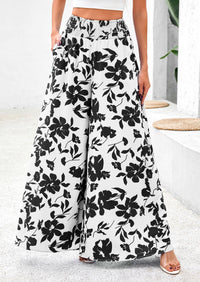 Casual Elastic High Waisted Pockets Boho Beach Wide Leg Palazzo Pants