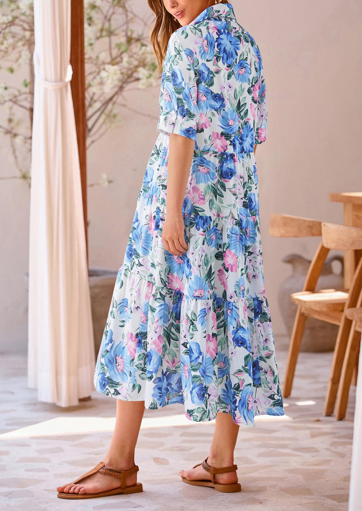 Button Up Ruffle A Line Flowy Maxi Dress
