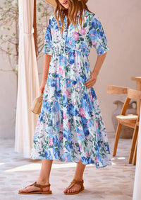 Button Up Ruffle A Line Flowy Maxi Dress