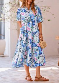 Button Up Ruffle A Line Flowy Maxi Dress