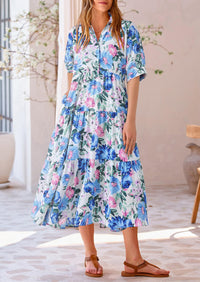 Button Up Ruffle A Line Flowy Maxi Dress