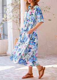 Button Up Ruffle A Line Flowy Maxi Dress