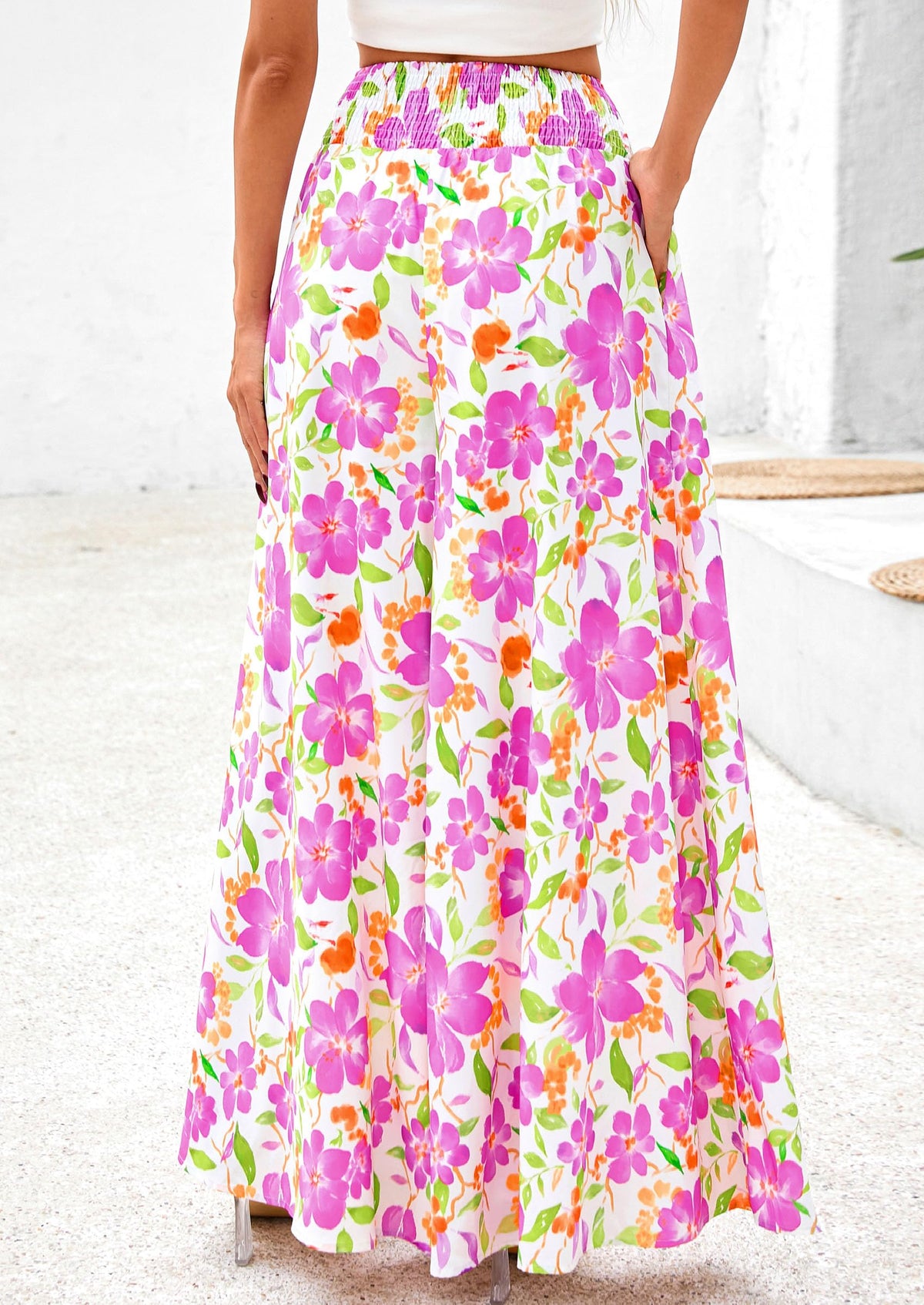 Casual Elastic High Waisted Pockets Boho Beach Wide Leg Palazzo Pants