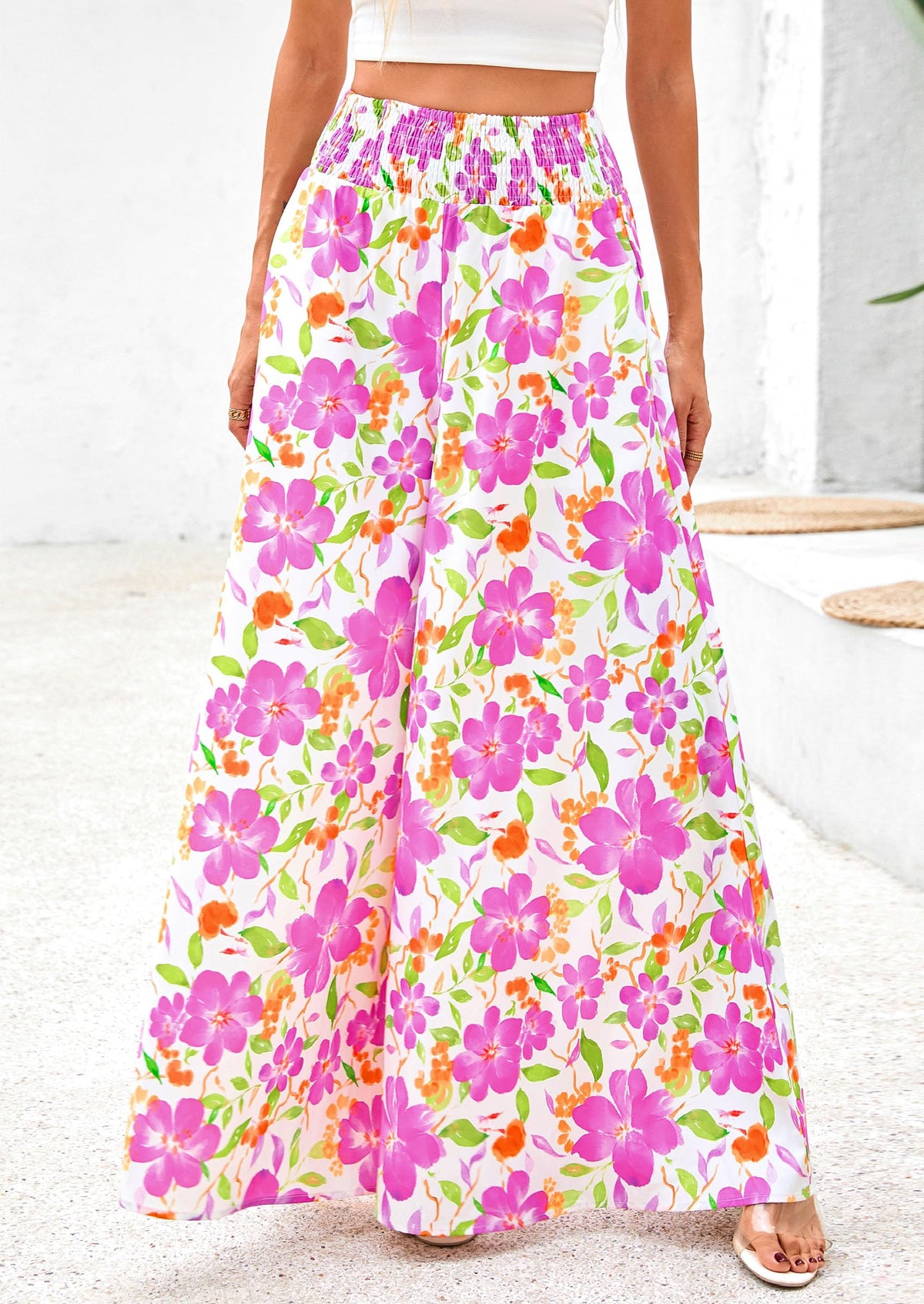 Casual Elastic High Waisted Pockets Boho Beach Wide Leg Palazzo Pants