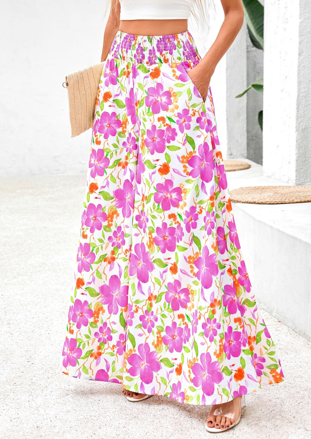 Casual Elastic High Waisted Pockets Boho Beach Wide Leg Palazzo Pants